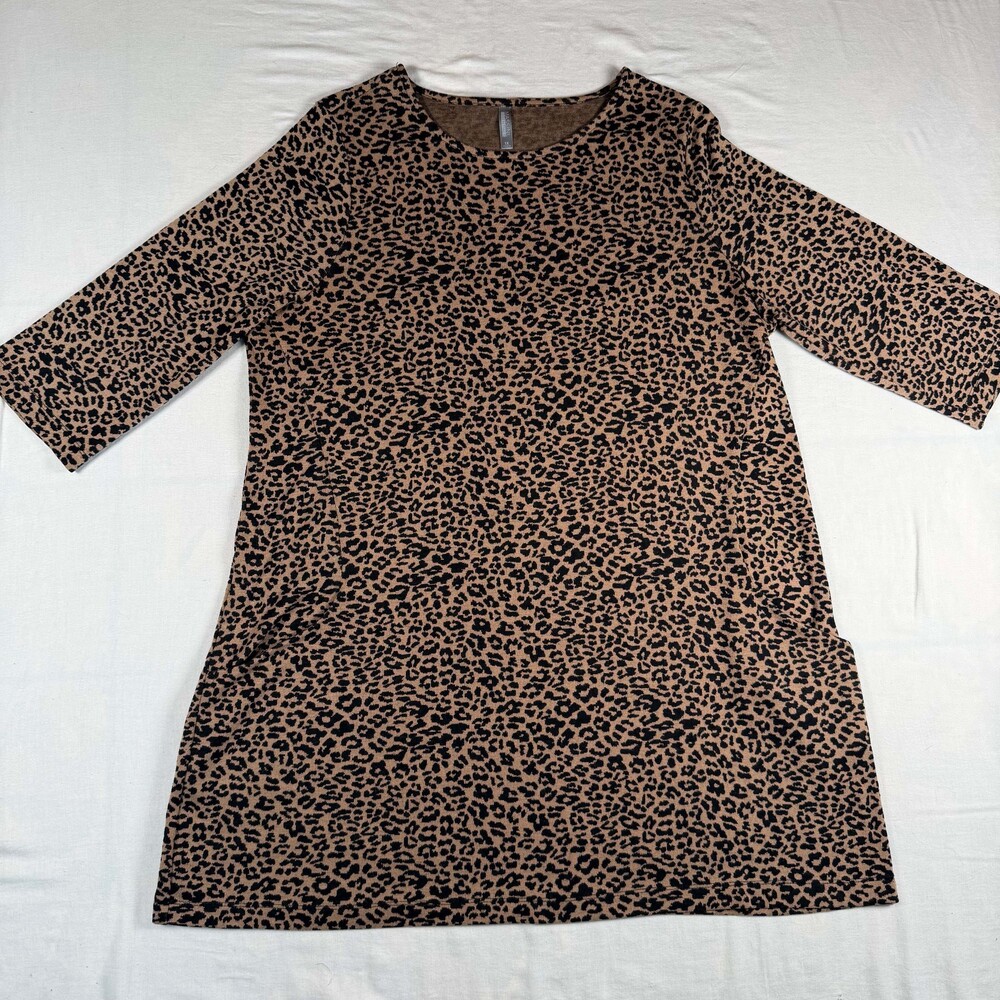 Massini Women XL Leopard Print Knit Tunic Top Mini Dress 3/4 Sleeve Pockets